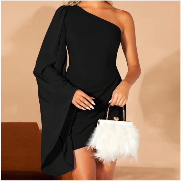 Luxe Hot Pink One Shoulder Flare Sleeve Mini Dress - Picture 8 of 9